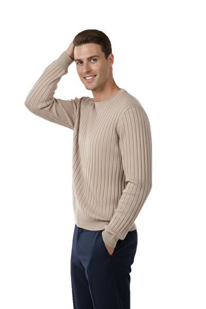 DeepSEA Men's Beige Comfortable Fit Striped Textured Knit Sweater – Stylish & Modern Design 2605432