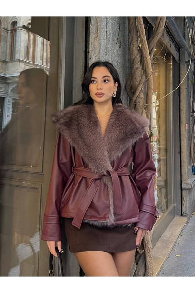 ASEDE معطف جلدي فاخر بياقة فرو وربطة عنق