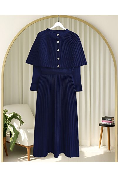 Modamorfo Skirt Corded Fabric Long Knitwear Dress with Elastic Waist and Cape Detail - Navy