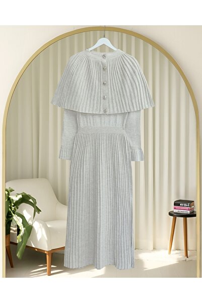 Modamorfo Skirt Corded Fabric Long Knitwear Dress with Elastic Waist and Cape Detail - Stone