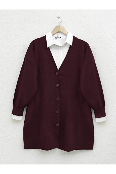 Modamorfo Buttoned Winter Hijab Knitwear Cardigan - Burgundy