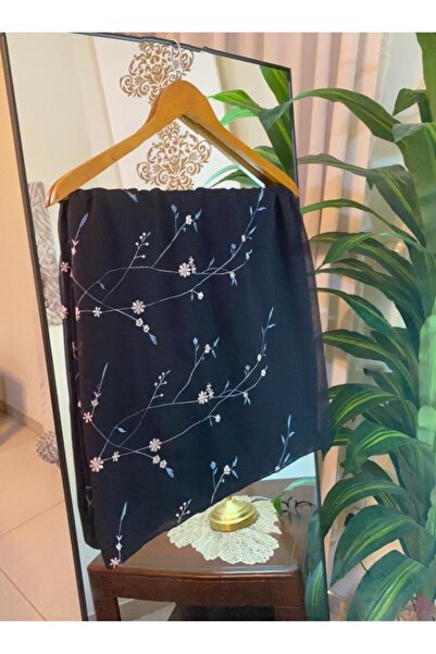 Veil Designer Black hijab with Japanese fabric and colorful embroidery. Size: 60 * 190