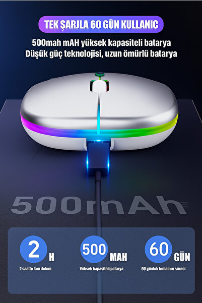 MA Pembe mouse Kablosuz Sessiz RGB ledli şarj Edilebilir 2.4G + Bluetooth çift bağlantı