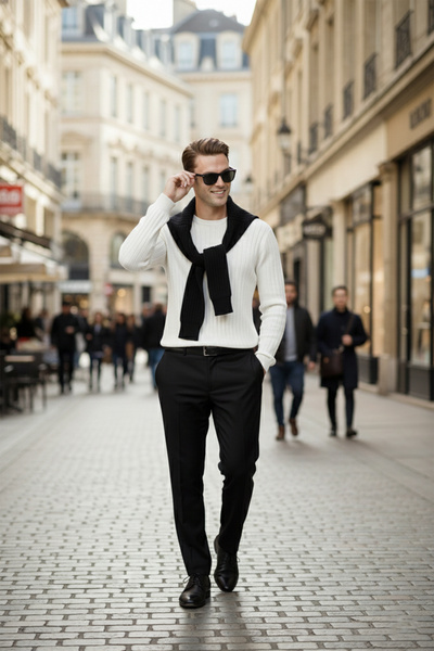 DeepSEA Men's White Comfortable Fit Striped Textured Knit Sweater – Stylish & Modern Design 2605432