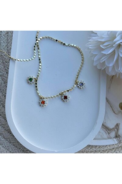 nesdesign Altın Kaplama Çiçek Renkli Taşlı Pul Zincir Kolye (50 cm)