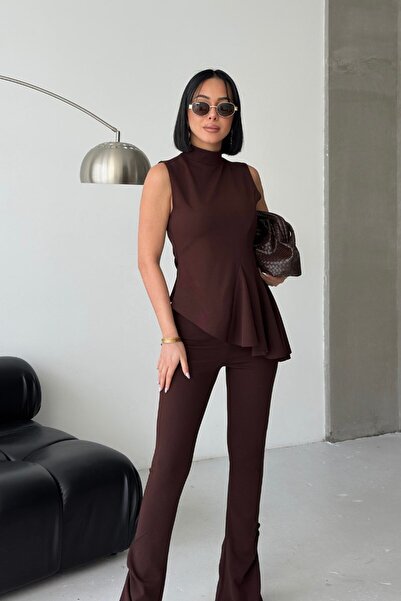 AKD Atelier Women's Bottom Top Set Zero Sleeve Turtleneck Ruffled Asymmetric Blouse Flared Shirred Pants