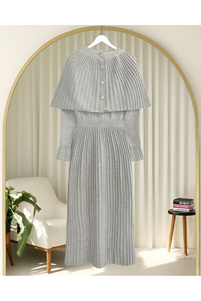 Modamorfo Eteği Corded Fabric Long Knitwear Dress with Elastic Waist and Cape Detail - Light Mink