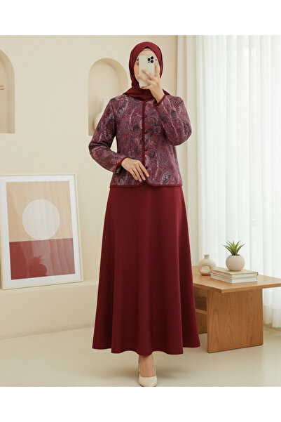 Modamorfo Ethnic Patterned Ball Button Scuba Suit - Burgundy