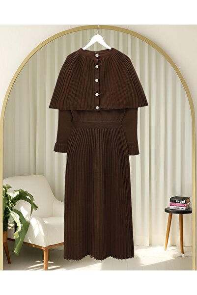 Modamorfo Φούστα κοτλέ Μακρύ πλεκτό φόρεμα με λάστιχο στη μέση και λεπτομέρεια κάπας - Καφέ