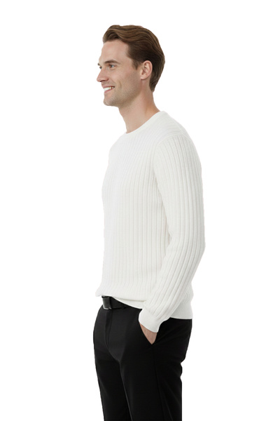 DeepSEA Men's White Comfortable Fit Striped Textured Knit Sweater – Stylish & Modern Design 2605432