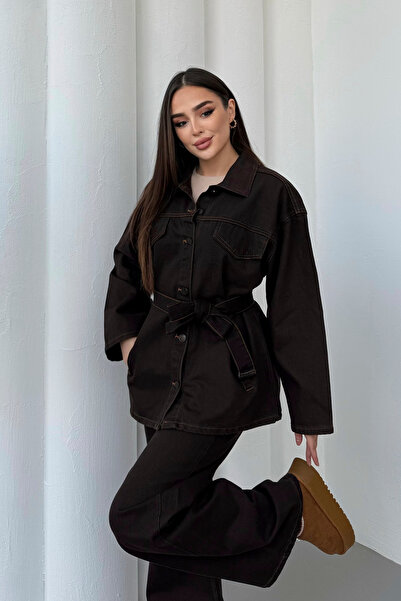 ASEDE Pocket Detailed Tie-Up Zr Buttoned Belted Brown Premium Jean Denim Jacket Pants Set