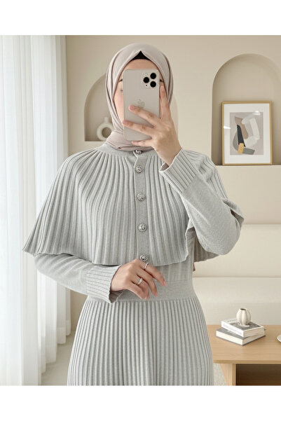 Modamorfo Skirt Corded Fabric Long Knitwear Dress with Elastic Waist and Cape Detail - Stone