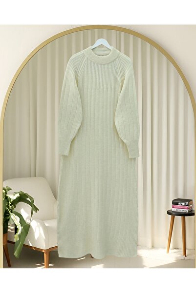 Modamorfo Corded Fabric Slit Long Knitwear Dress -Ecru