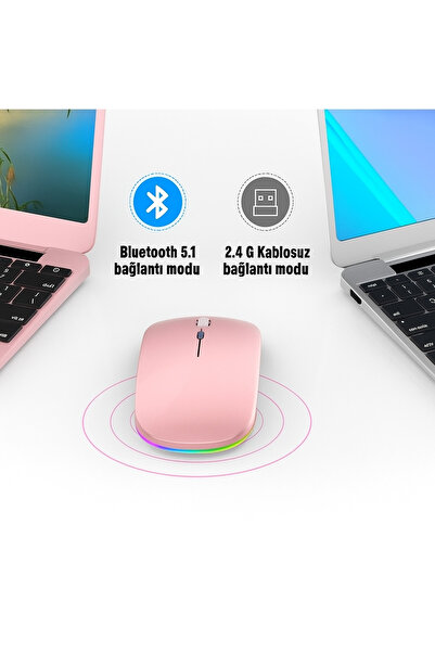 MA Pembe mouse Kablosuz Sessiz RGB ledli şarj Edilebilir 2.4G + Bluetooth çift bağlantı