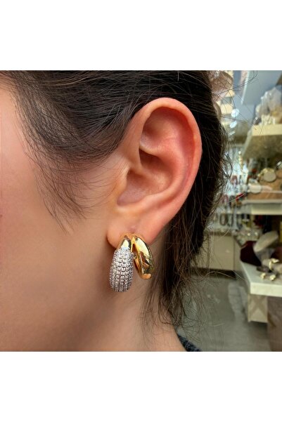 nesdesign İkili Taşlı Bombeli C Model Gold Küpe