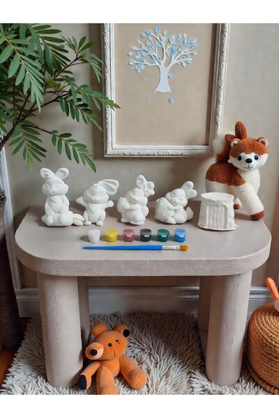 Atölye yüksel Sevimli Tavşanlar Taş Boyama Seti = 5 Taş + 6 renk Boya + 1 Fırça