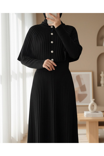 Modamorfo Φούστα κοτλέ Μακρύ πλεκτό φόρεμα με λάστιχο στη μέση και λεπτομέρεια κάπας -Μαύρο