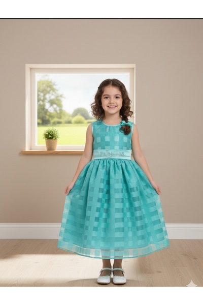 FASHION Girls' Aqua Sleeveless Formal Dress with Embroidered Belt