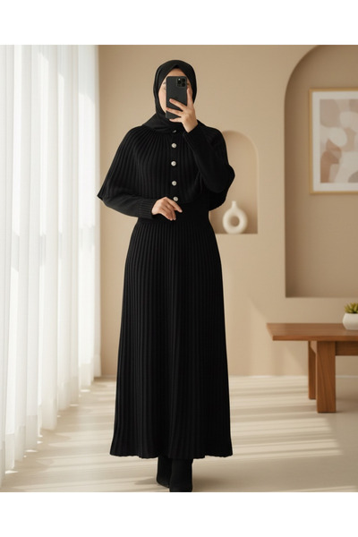 Modamorfo Φούστα κοτλέ Μακρύ πλεκτό φόρεμα με λάστιχο στη μέση και λεπτομέρεια κάπας -Μαύρο