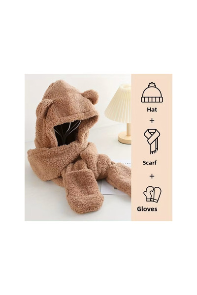 VeliumCraft Unisex hat with scarf and gloves, VeliumCraft, 4-in-1, teddy bear pattern, brown