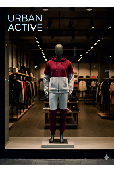 HOFFNUNG 3Iplik Daily Hooded Top and Sweatpants Set Solid Color Removable Hooded Sweatshirt Full Zip