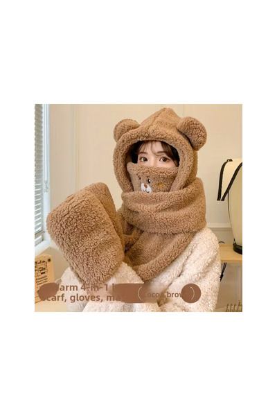 VeliumCraft Unisex hat with scarf and gloves, VeliumCraft, 4-in-1, teddy bear pattern, brown