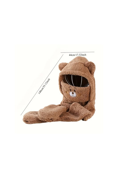 VeliumCraft Unisex hat with scarf and gloves, VeliumCraft, 4-in-1, teddy bear pattern, brown