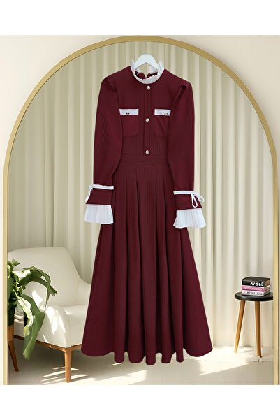 Modamorfo Φόρεμα με πλισέ με λεπτομέρεια με κορδόνια και κουμπιά στο μανίκι - Βουργουνδία