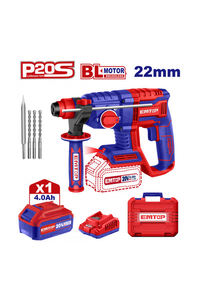 EMTOP Ciocan Rotopercutor Cu 1 Acumulator 4.0 Ah, Motor Fără Perii, 22 Mm, 2....
