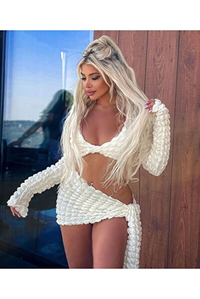 Novapia Dokulu kumaş bağlamalı etek büzgülü crop takım