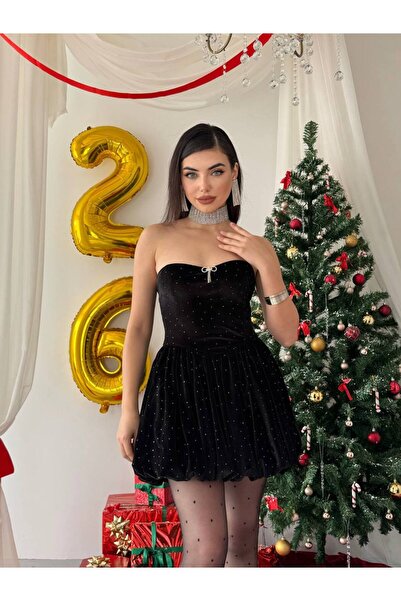 ETİKAFASHION Kadife Balon Etek Straplez Mini Elbise