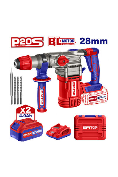 EMTOP Rotary Hammer With 2 Batteries 4.0 Ah, Brushless Motor, 28 Mm, 4.5 J, 3 Drill Bits
