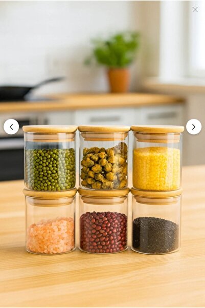 MagHome 6'lı Bambu Kapaklı Vakumlu Borosilikat Cam Saklama Kabı/Baharatlık/Ka...