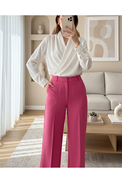 Modamorfo Women's White Double Breasted Collar Flowing Satin Blouse 0492