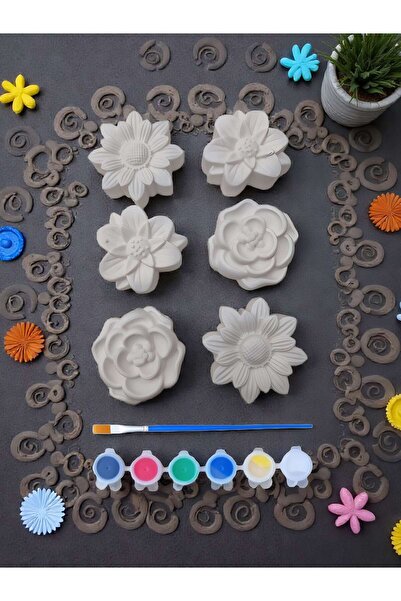 Atölye yüksel Çiçekler Taş Boyama Seti = 6 Taş + 6 Renk Boya + 1 Fırça