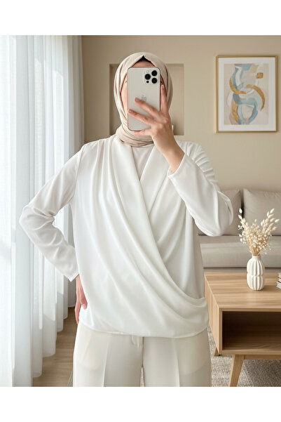 Modamorfo Women's White Double Breasted Collar Flowing Satin Blouse 0492