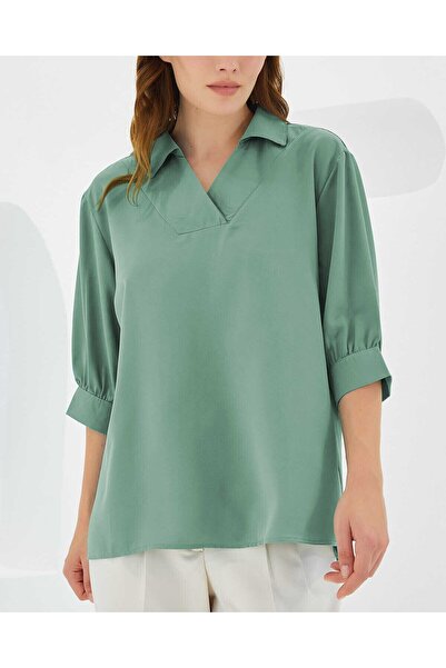 Modamorfo Women's Green Shirt Collar Satin Blouse 0493