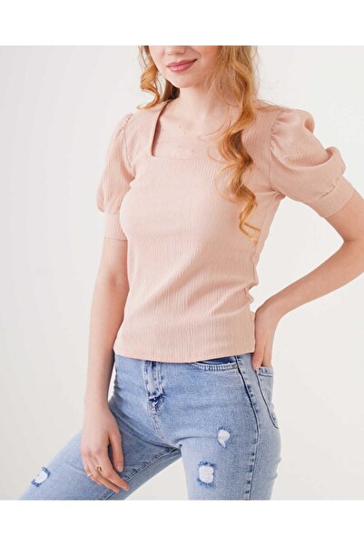 Modamorfo 0409 Плетена блуза с квадратно деколте - Бисквита