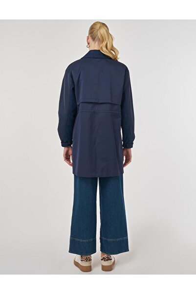 Kayra Denim Paneled Short Trench Coat Dark Navy Blue