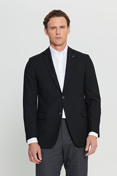 ALTINYILDIZ CLASSICS Men's Black Slim Fit Slim Fit Mono Collar Diagonal Patterned Double-Breasted Blazer Jacket with Flap Pockets