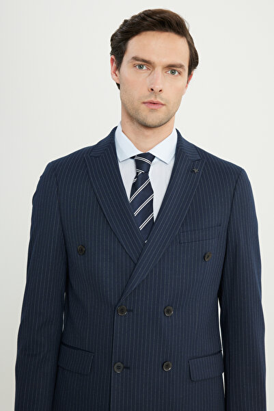 ALTINYILDIZ CLASSICS Men's Navy Blue-White Slim Fit Slim Fit Swallow Collar Cover Pocket Double-Breasted Suit