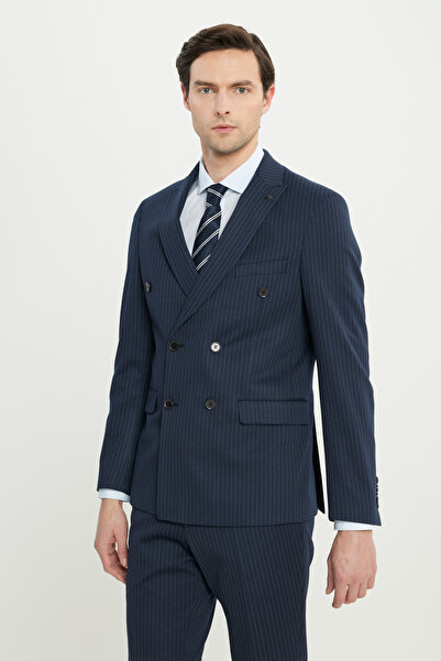 ALTINYILDIZ CLASSICS Men's Navy Blue-White Slim Fit Slim Fit Swallow Collar Cover Pocket Double-Breasted Suit