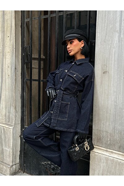 MEECY Dark Navy Blue Tie-Up Denim Suit Oversized Jacket and High Waist Pants