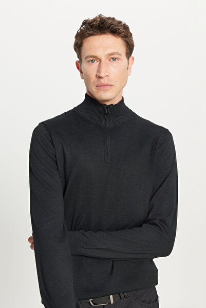 ALTINYILDIZ CLASSICS Men's Black Wool Standard Fit Regular Cut Bato Collar Knitwear Sweater