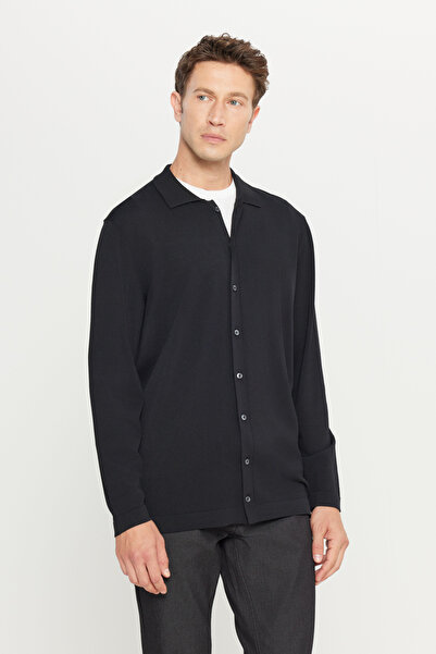 ALTINYILDIZ CLASSICS Men's Black Standard Fit Regular Cut Shirt Collar Knitwear Sweater