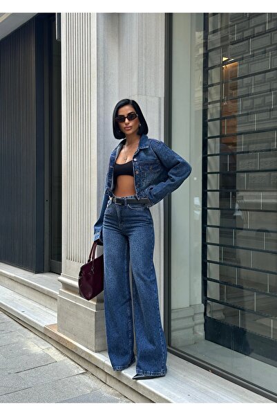 MEECY Dark Navy Stone Denim Suit Oversized Jacket and High Waist Pants