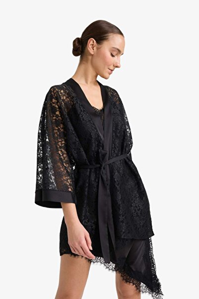 DeFacto Regular Fit Wrap Collar Lace Half Sleeve Dressing Gown-Fall in Love G1541Ax25Wn