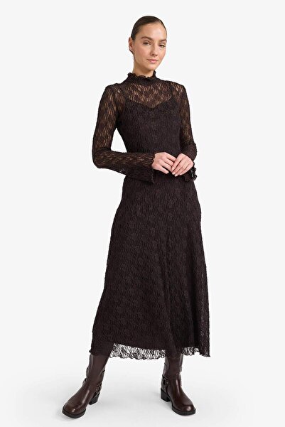 DeFacto A-Line Mock Neck Lace Long Sleeve Midi Dress G6959Ax25Au