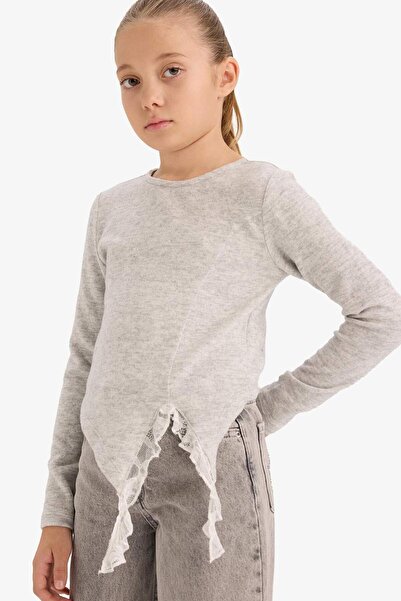 DeFacto Girls' Slim Fit Slim Fit Lace Detailed Corded Fabric Ribbed Knit Long Sleeve T-Shirt G6414A825Wn