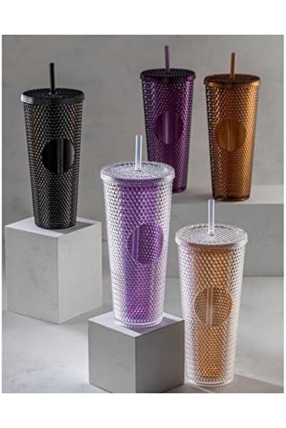 STOREMAX 750 ml Kapaklı ve Pipetli Soğuk İçecek Bardağı – Mor Kristal Desenli...